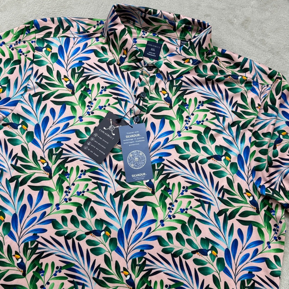 CON.STRUCT Polo Shirt Mens XXL Pink Tropical Toucan Performance Quick Dry NWT